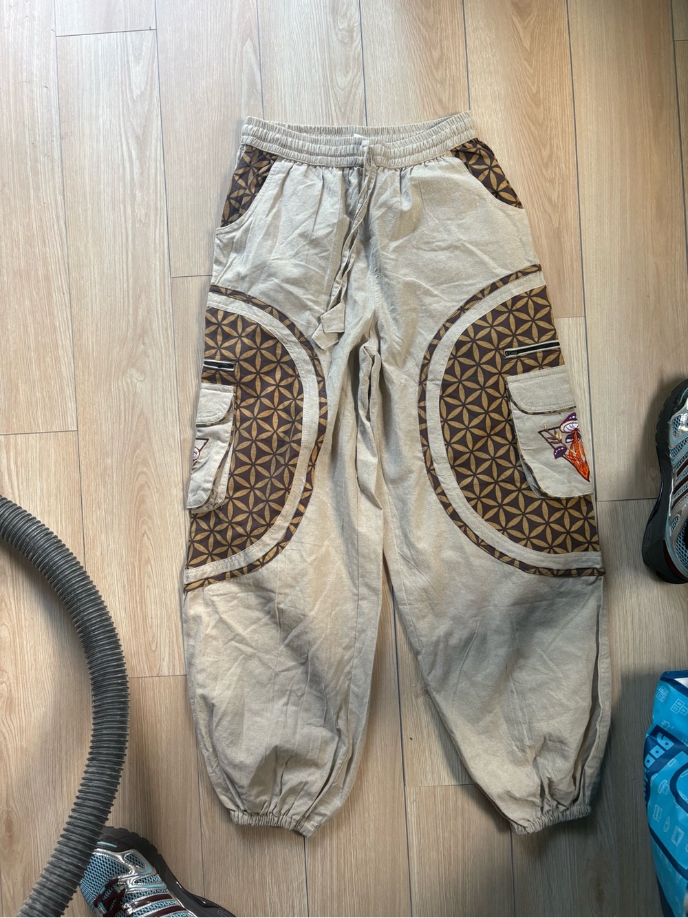Beige Cargo Joggers with Colorful Graphic Patch - Picture 3 of 10
